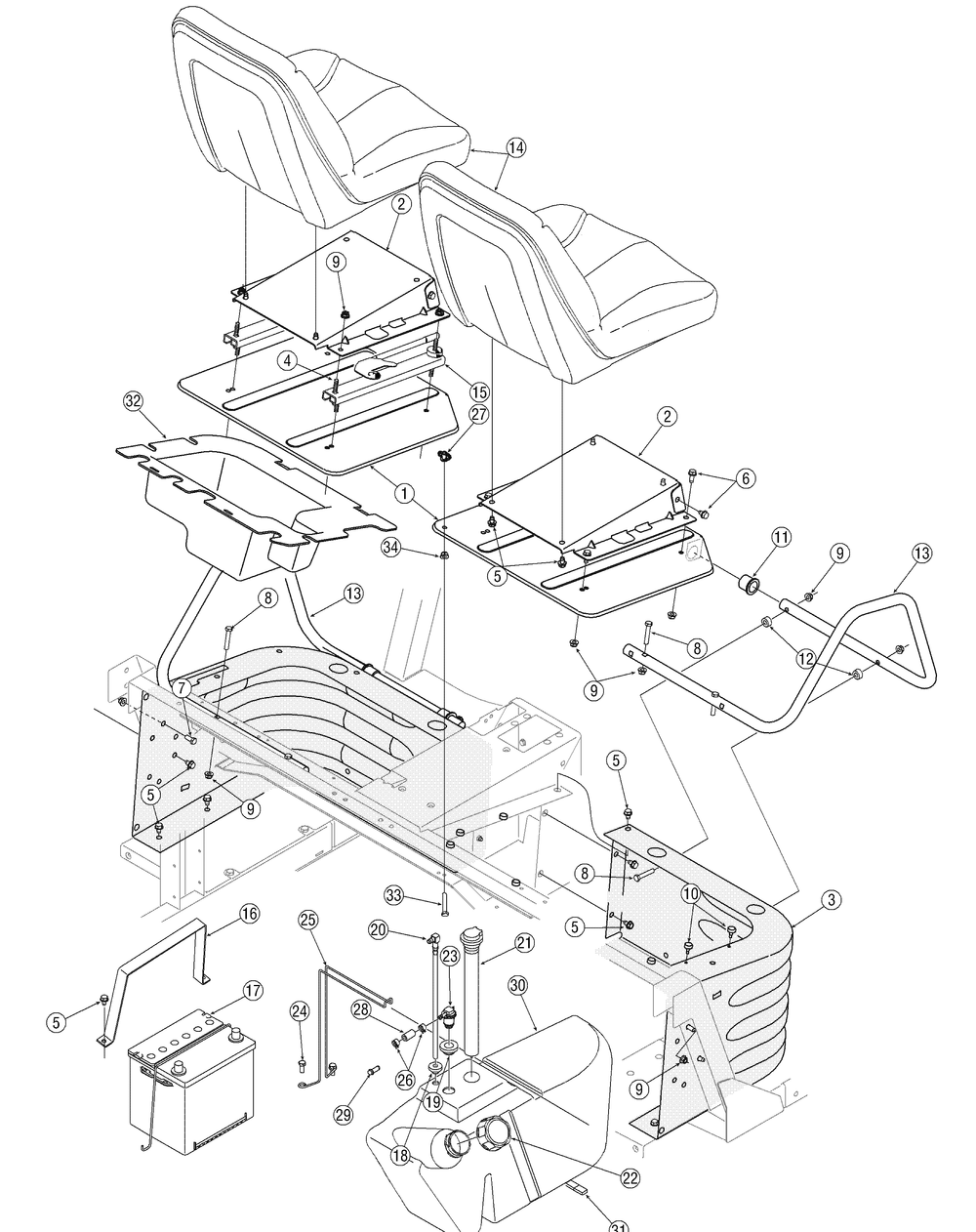 Seats-Battery-Fuel Tank Diagram and Parts List for 467 4X4-1B027G-1B028G-37ACD710-After Cub Cadet Lawn Tractor Accessories